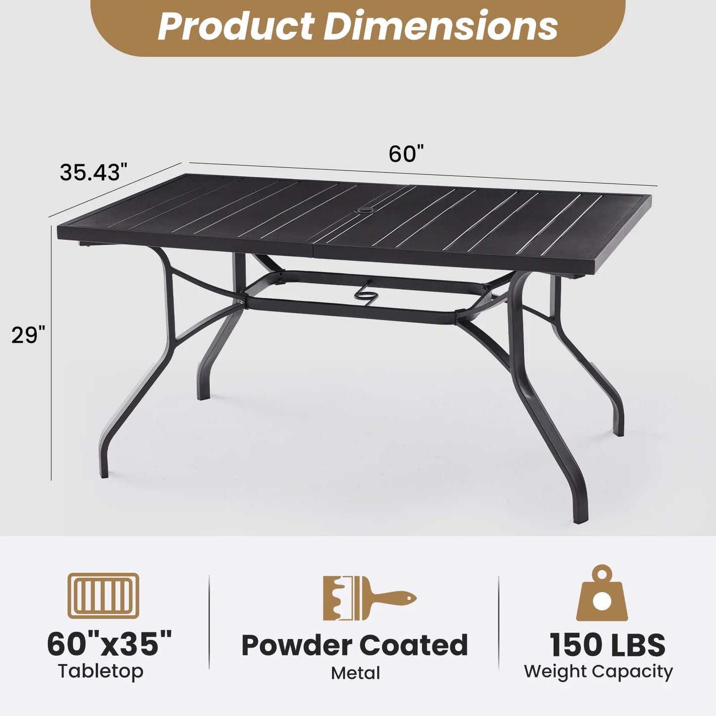 Farini Patio Dining Table, Square Outdoor Dining Table with 1.57" Umbrella Hole for Patio Graden Backyard and Poolside