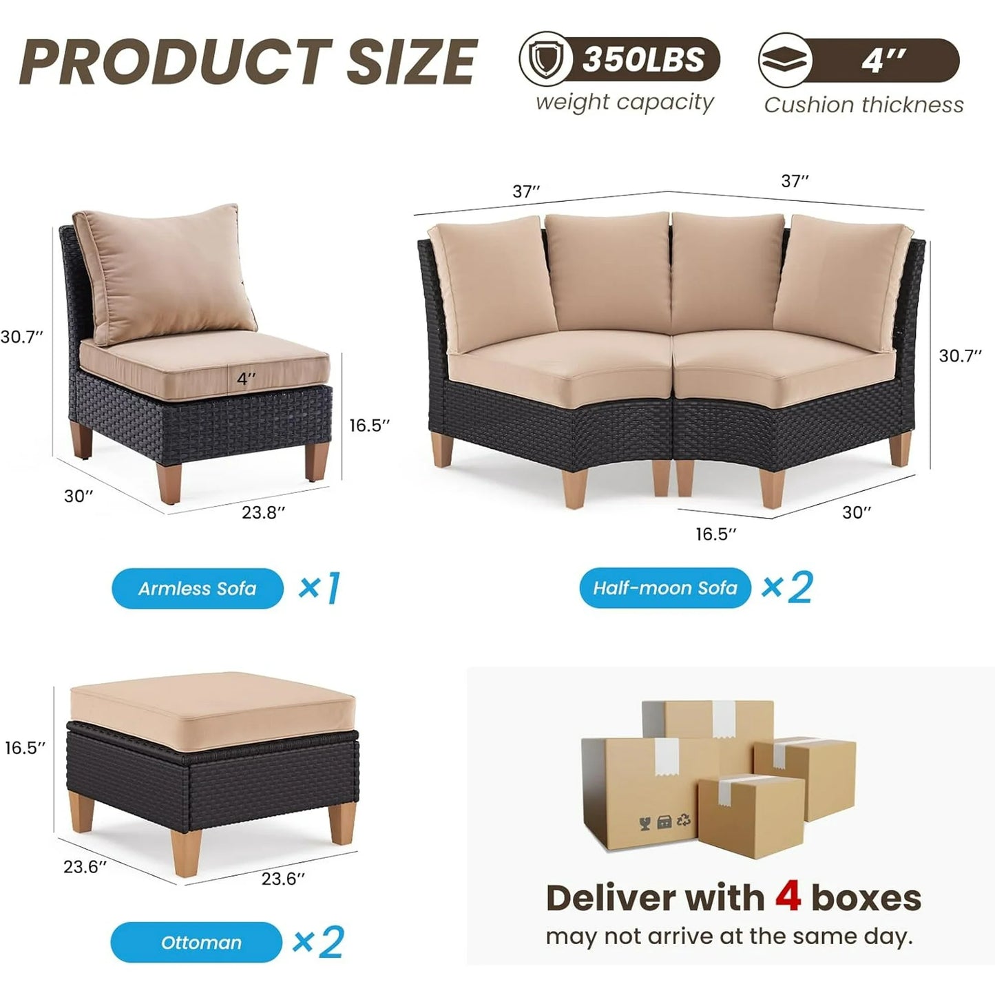 Farini Patio Furniture Set, Outdoor Sectional Furniture Set with Cushions, Wicker Patio Conversation Set Outdoor Sectional Sofa, All-Weather PE Rattan Sofa for Garden, Backyard and Poolside