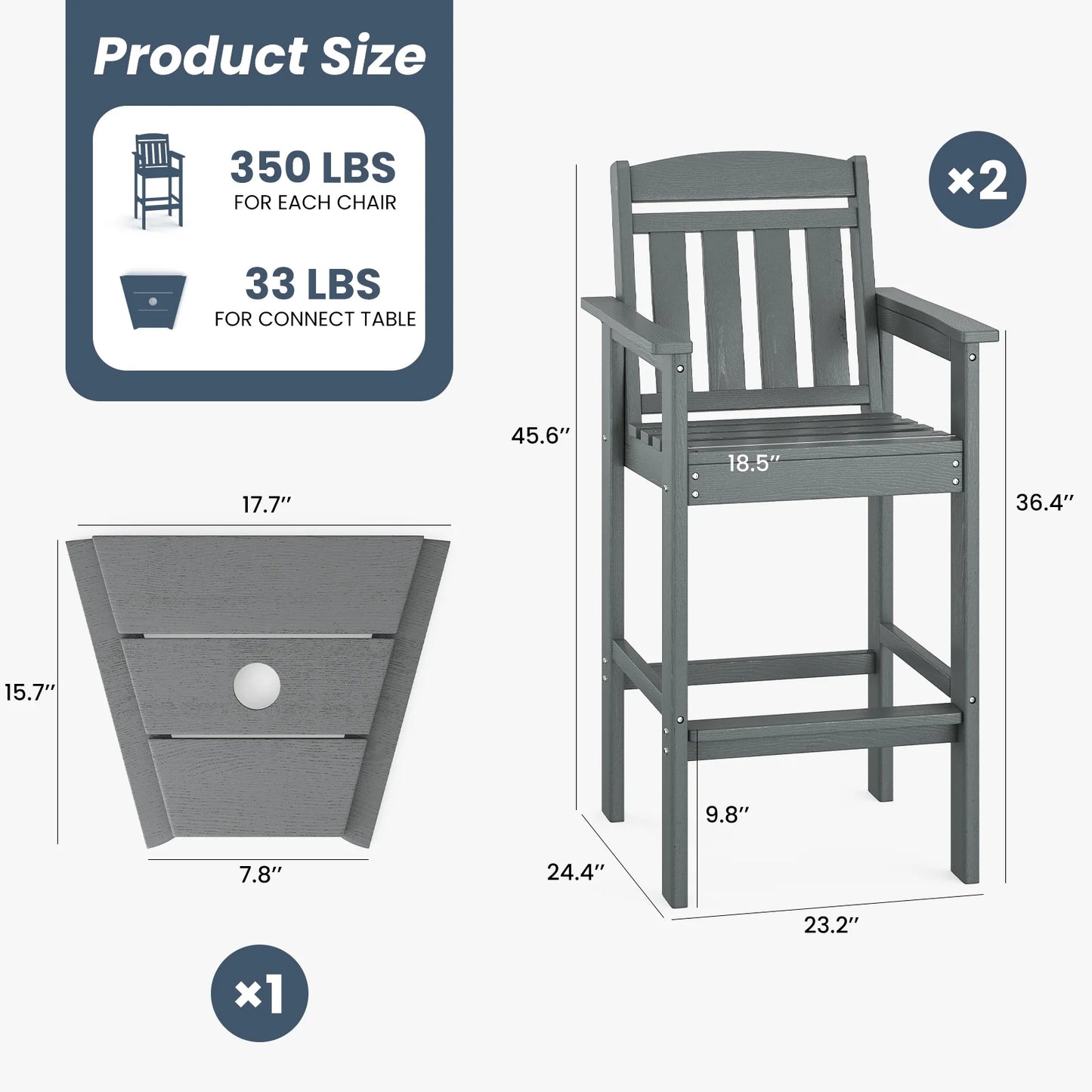 Farini Tall Adirondack Chairs Set of 2, HDPE Adirondack Bar Stools with Connecting Tray, Bar Height Adirondack Chair Patio Barstool, Ideal All Weather Tall Patio Chair for Balcony, Poolside, Backyard