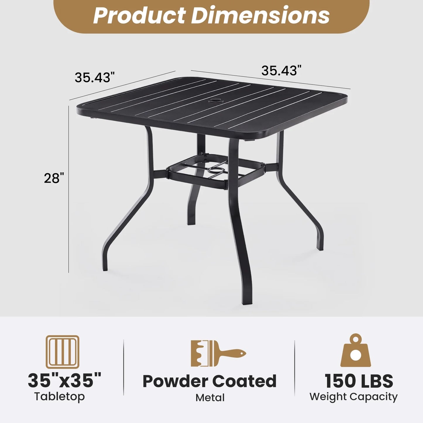 Farini Patio Dining Table, Square Outdoor Dining Table with 1.57" Umbrella Hole for Patio Graden Backyard and Poolside