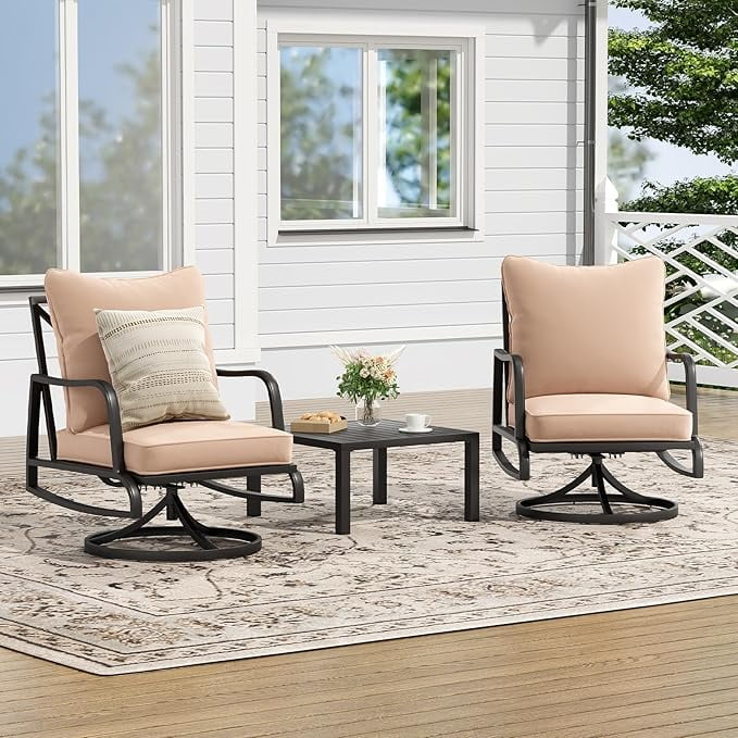 Farini Small Patio Furniture Set, Outdoor Swivel and Rocking Patio Chairs, Metal Outdoor Swivel Chair Sofa with 4" Thick Cushions, Bistro Set for Porch, Balcony, and Backyard