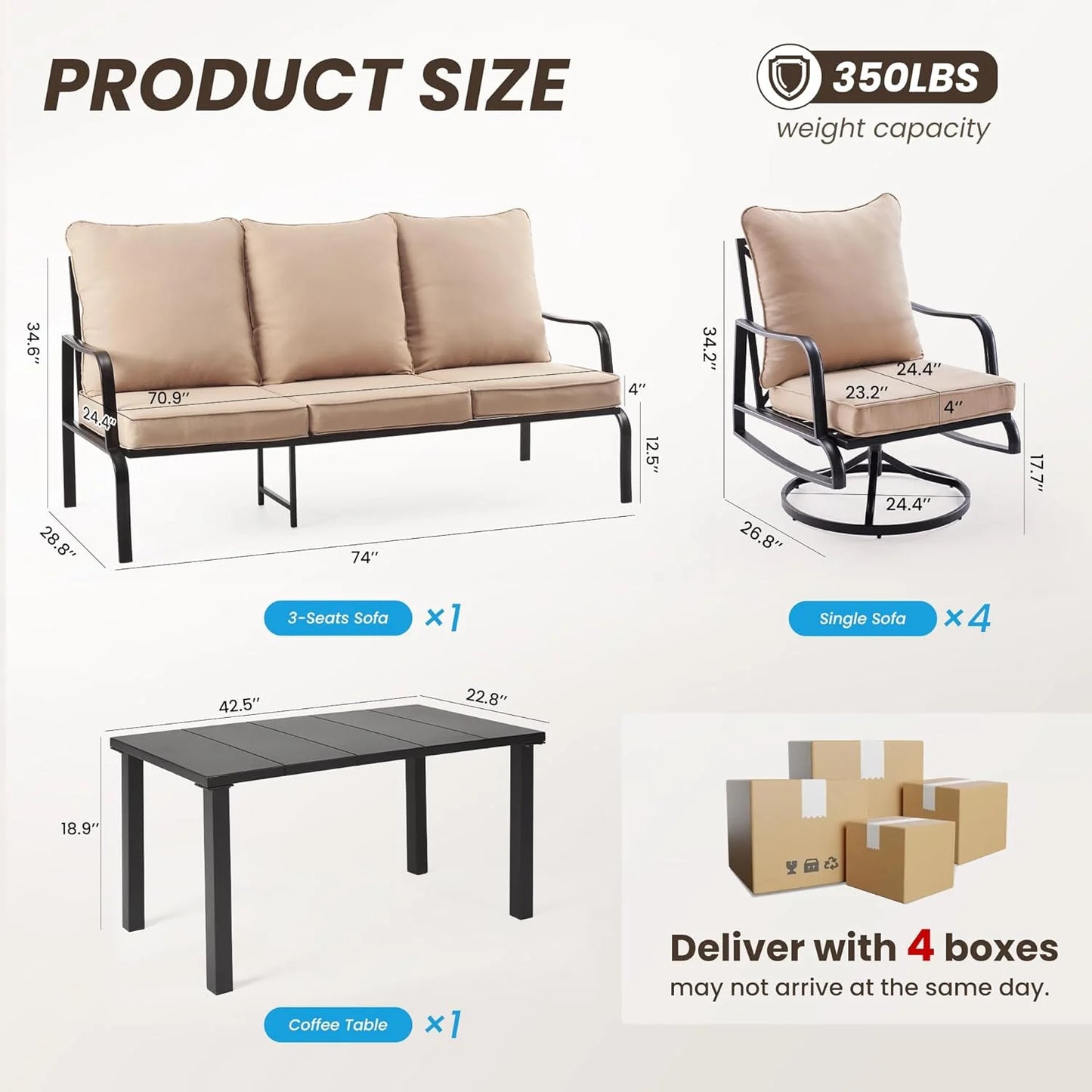 Farini Small Patio Furniture Set of 2, Outdoor Swivel and Rocking Patio Chairs, Metal Outdoor Swivel Chair Sofa with 4" Thick Cushions, Bistro Set for Porch, Balcony, and Backyard