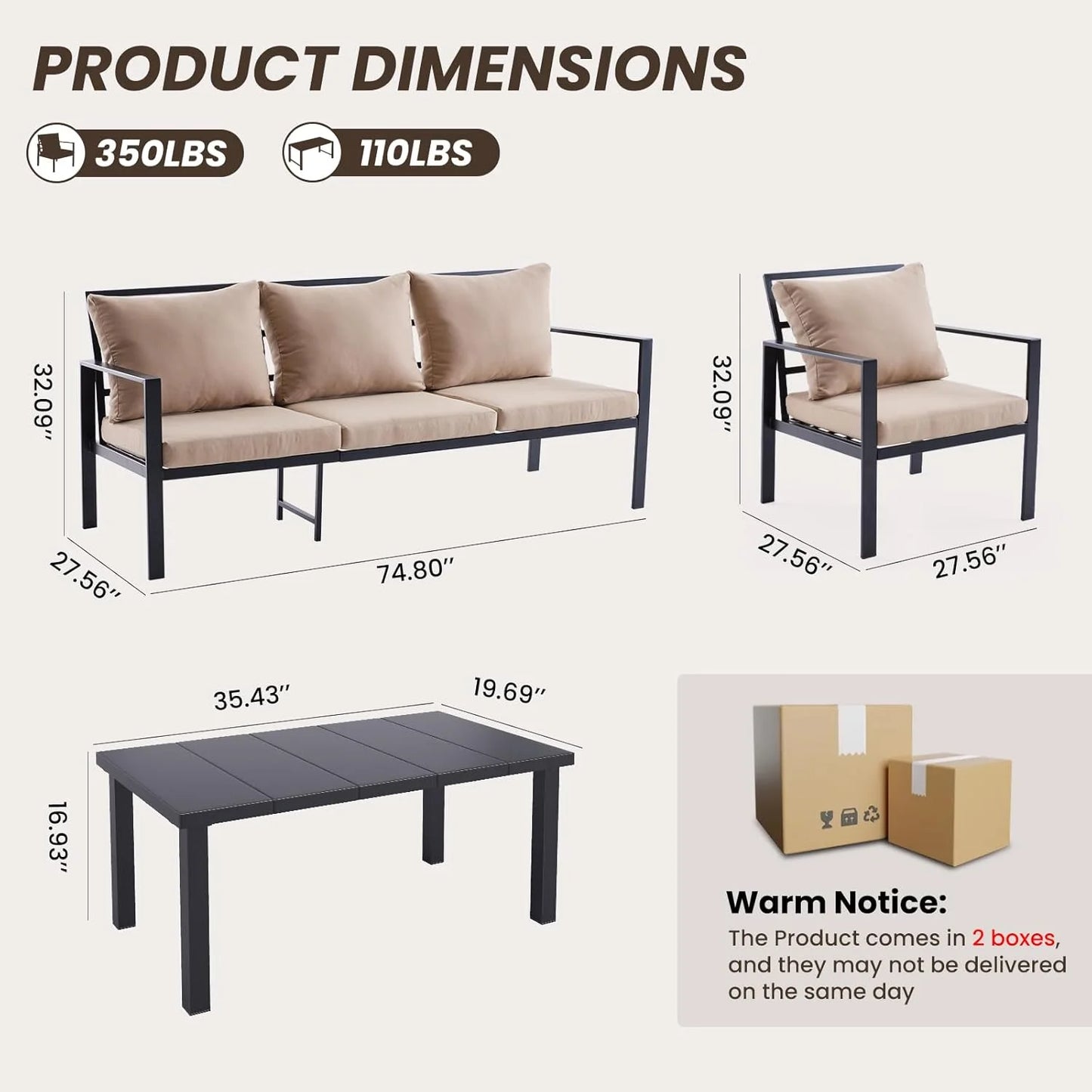 Farini Outdoor conversation sets, Metal Patio Furniture Set with 2 Single Sofas, Loveseat & Coffee Table, for Garden, Backyard, Balcony