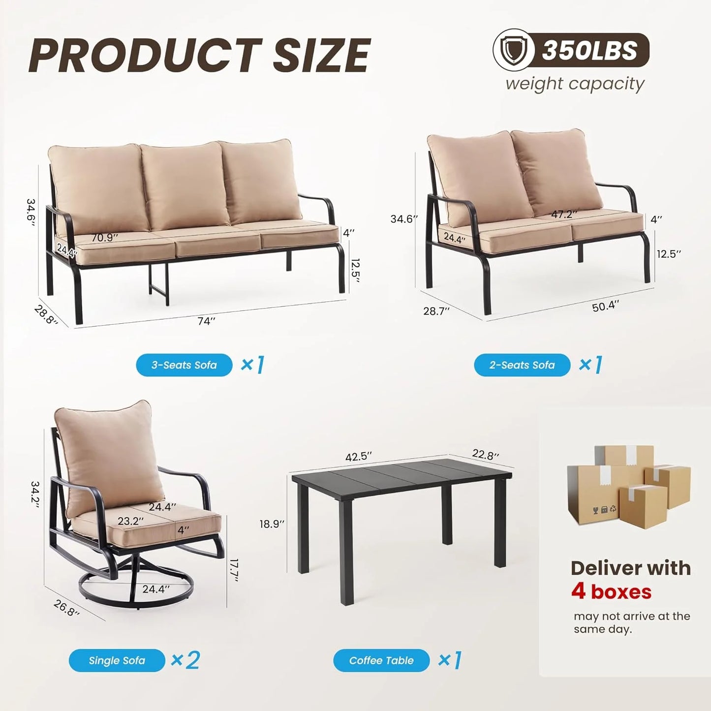 Farini Small Patio Furniture Set, Outdoor Swivel and Rocking Patio Chairs, Metal Outdoor Swivel Chair Sofa with 4" Thick Cushions, Bistro Set for Porch, Balcony, and Backyard