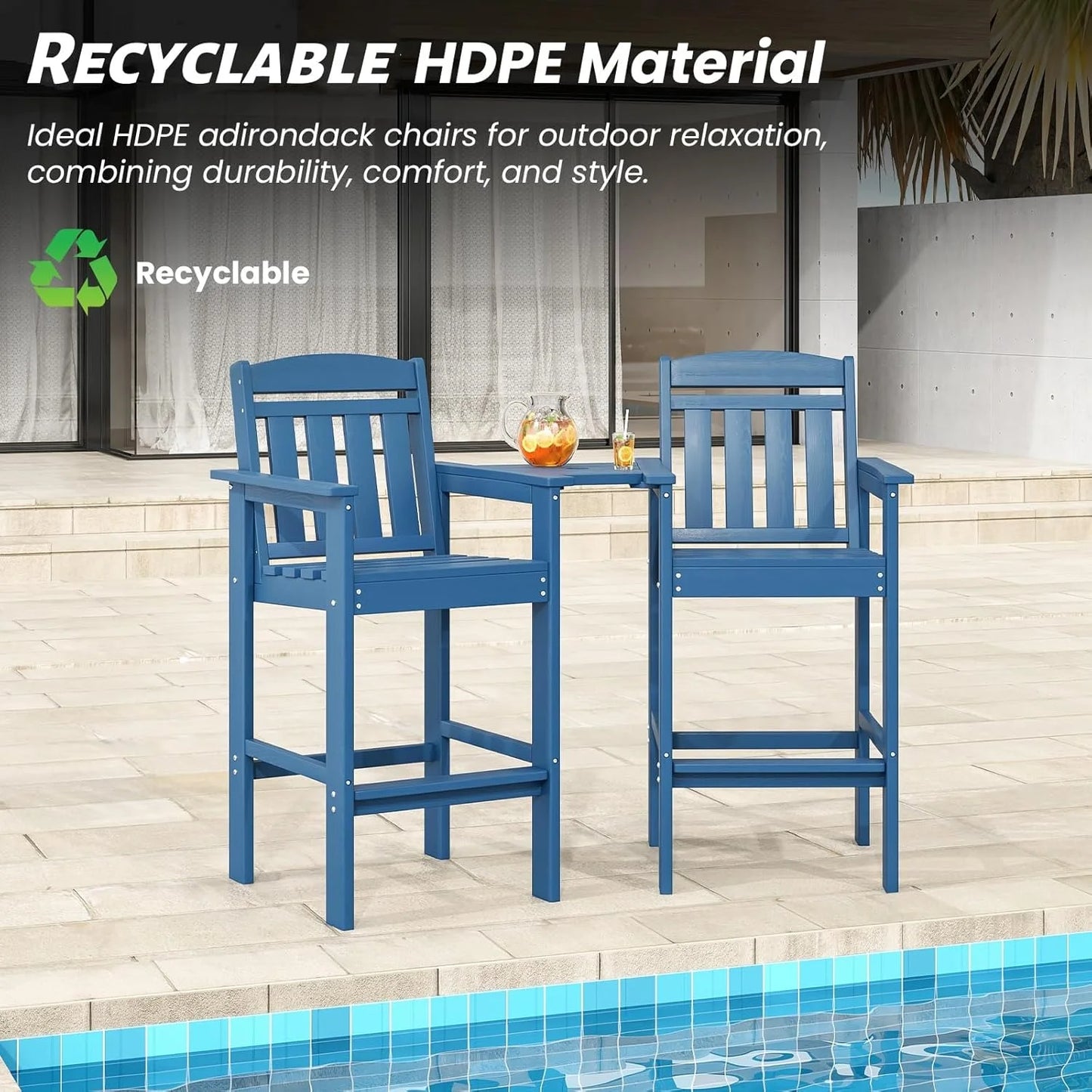Farini Tall Adirondack Chairs Set of 2, HDPE Adirondack Bar Stools with Connecting Tray, Bar Height Adirondack Chair Patio Barstool, Ideal All Weather Tall Patio Chair for Balcony, Poolside, Backyard