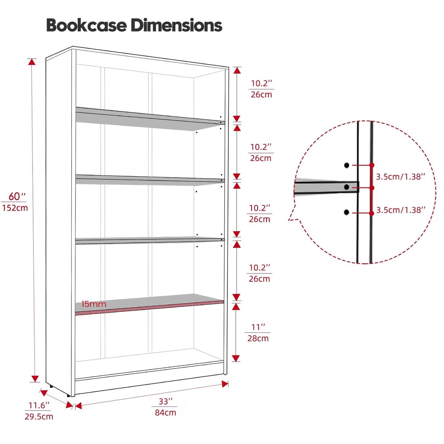 Farini 5 Tiers Bookcase, Wooden Bookcase with Adjustable Shelves for Home, Office, White