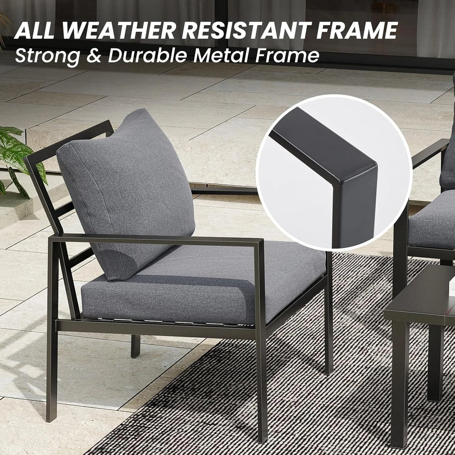 Farini Outdoor conversation sets, Metal Patio Furniture Set with 2 Single Sofas, Loveseat & Coffee Table, for Garden, Backyard, Balcony