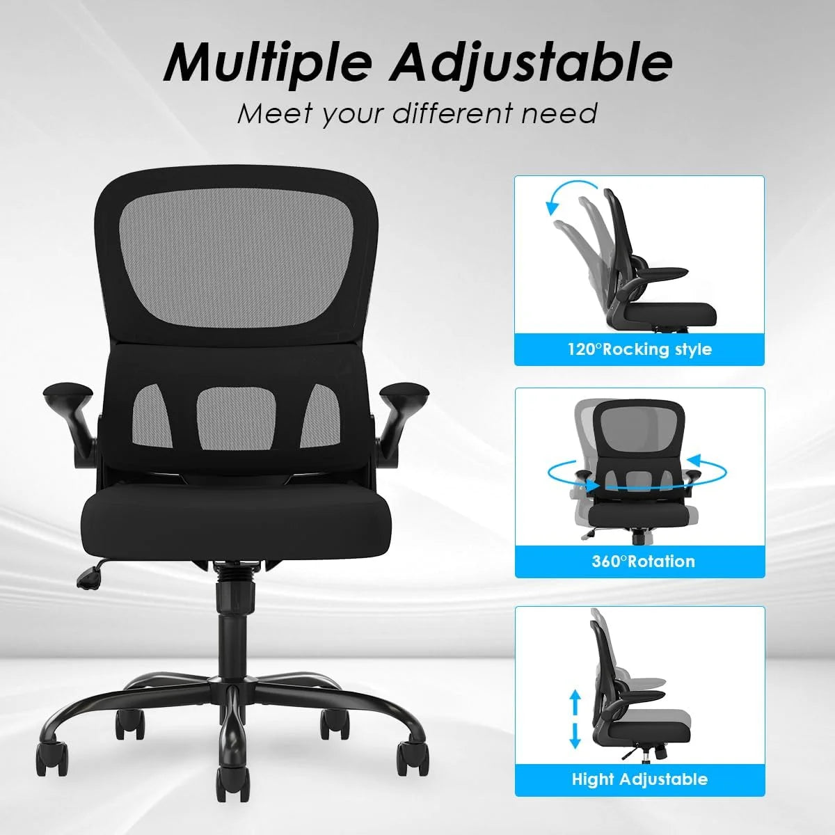 Farini Ergonomic Office Chair, Mesh Desk Chair with Lumbar Support, Comfy Computer Desk Chair with Flip Armrest Rolling Wheels for Home Study Room Office