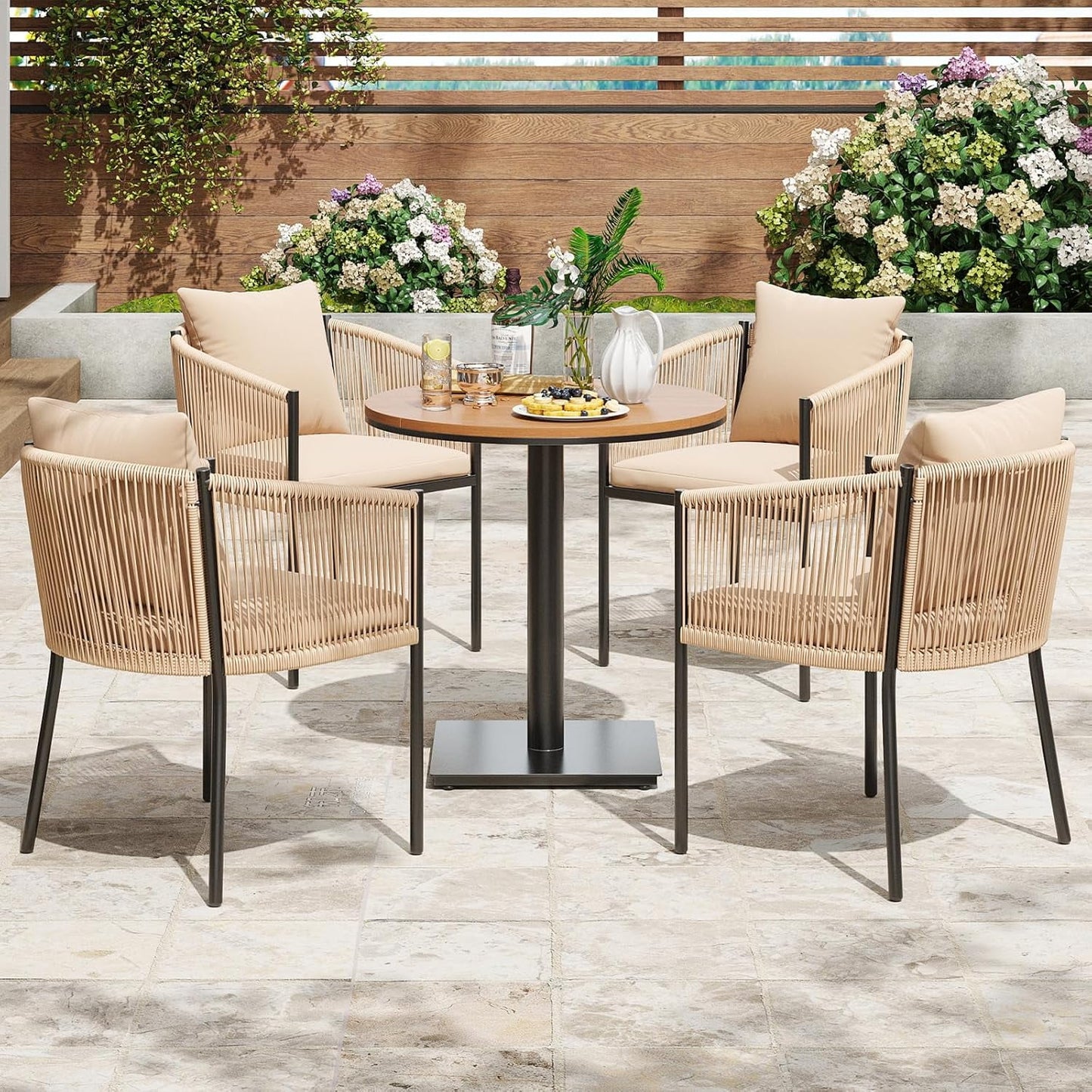 Farini Outdoor Dining Set, Patio Table and Chairs Set, Rattan Wicker Patio Chair Cushions and 1 Outdoor Table Plastic Wooden Top for Lawn, Deck Backyard, Poolside
