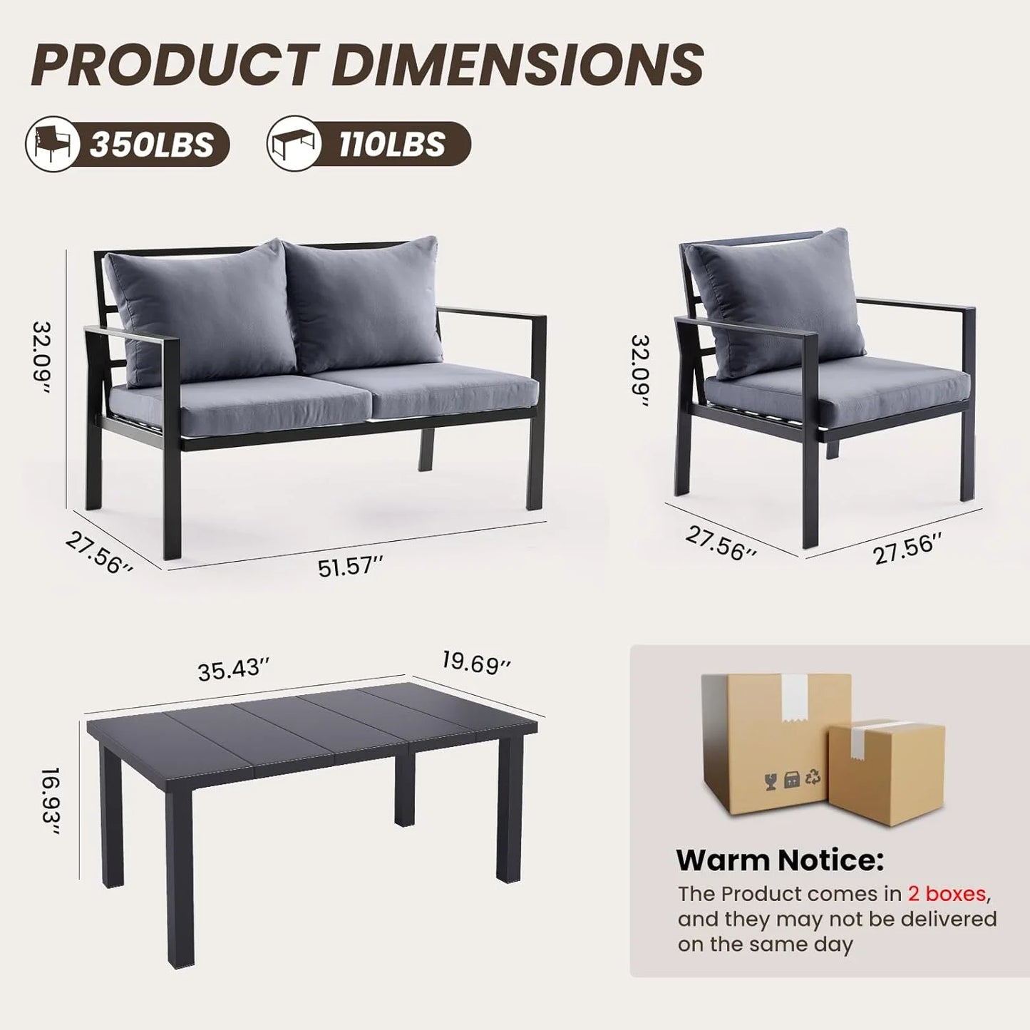 Farini Outdoor conversation sets, Metal Patio Furniture Set with 2 Single Sofas, Loveseat & Coffee Table, for Garden, Backyard, Balcony