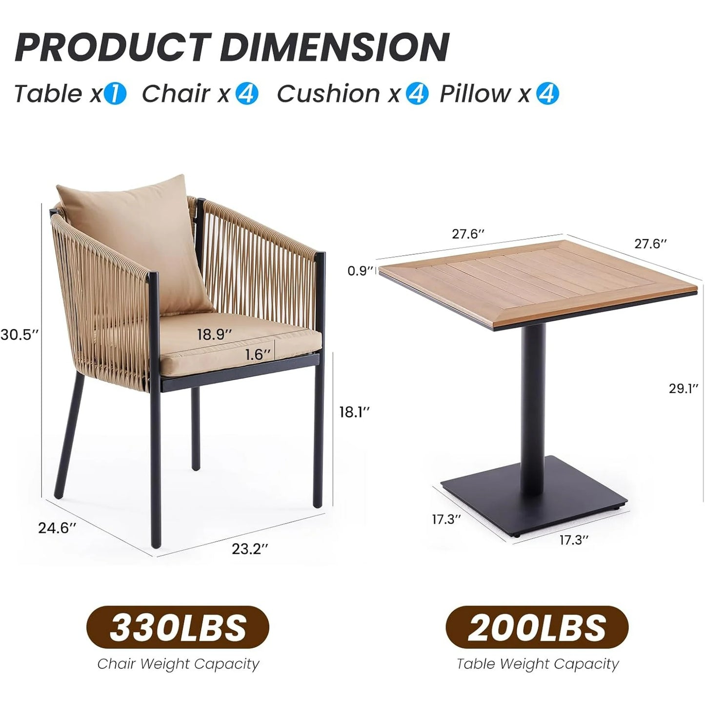 Farini Outdoor Dining Set, Patio Table and Chairs Set, Rattan Wicker Patio Chair Cushions and 1 Outdoor Table Plastic Wooden Top for Lawn, Deck Backyard, Poolside