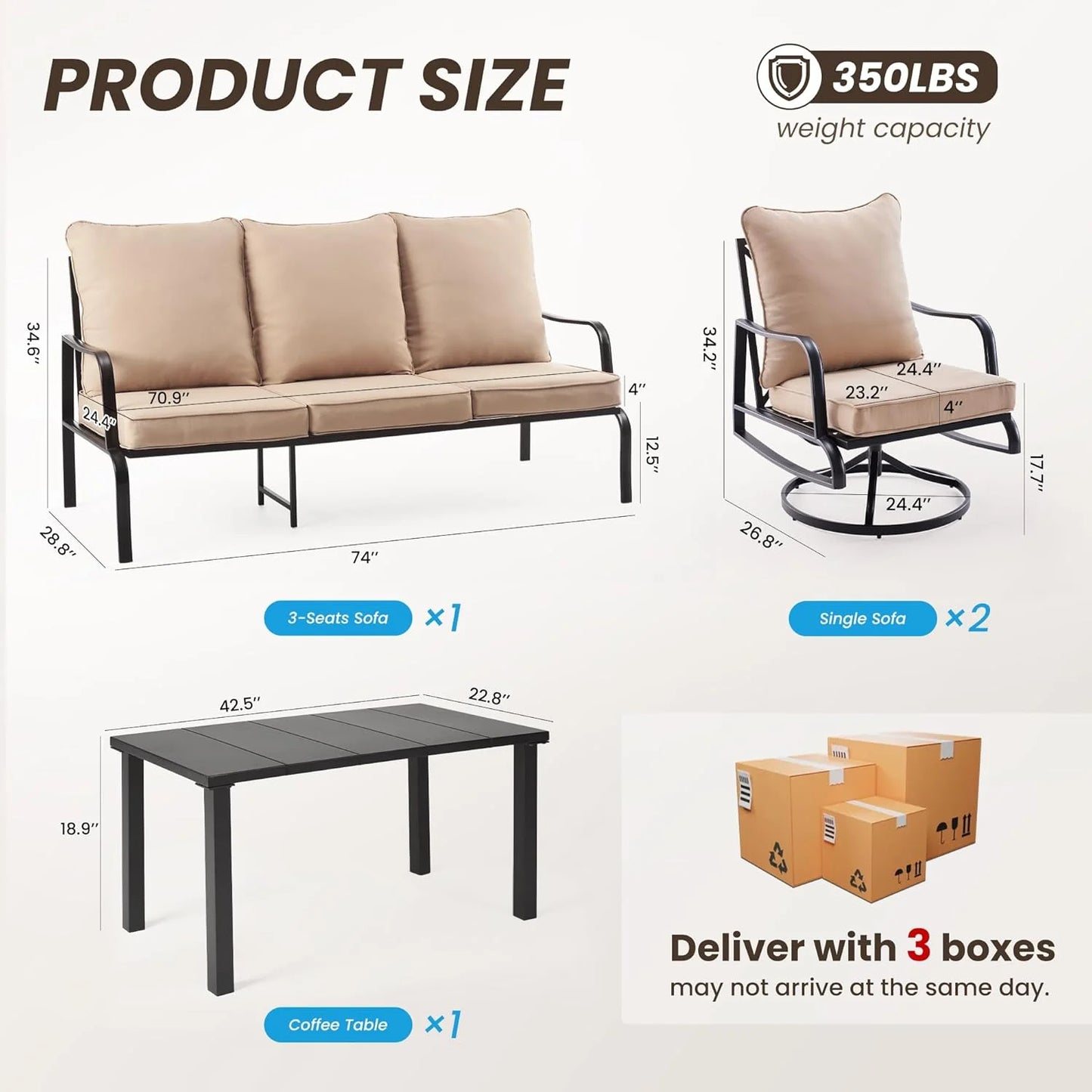 Farini Small Patio Furniture Set, Outdoor Swivel and Rocking Patio Chairs, Metal Outdoor Swivel Chair Sofa with 4" Thick Cushions, Bistro Set for Porch, Balcony, and Backyard