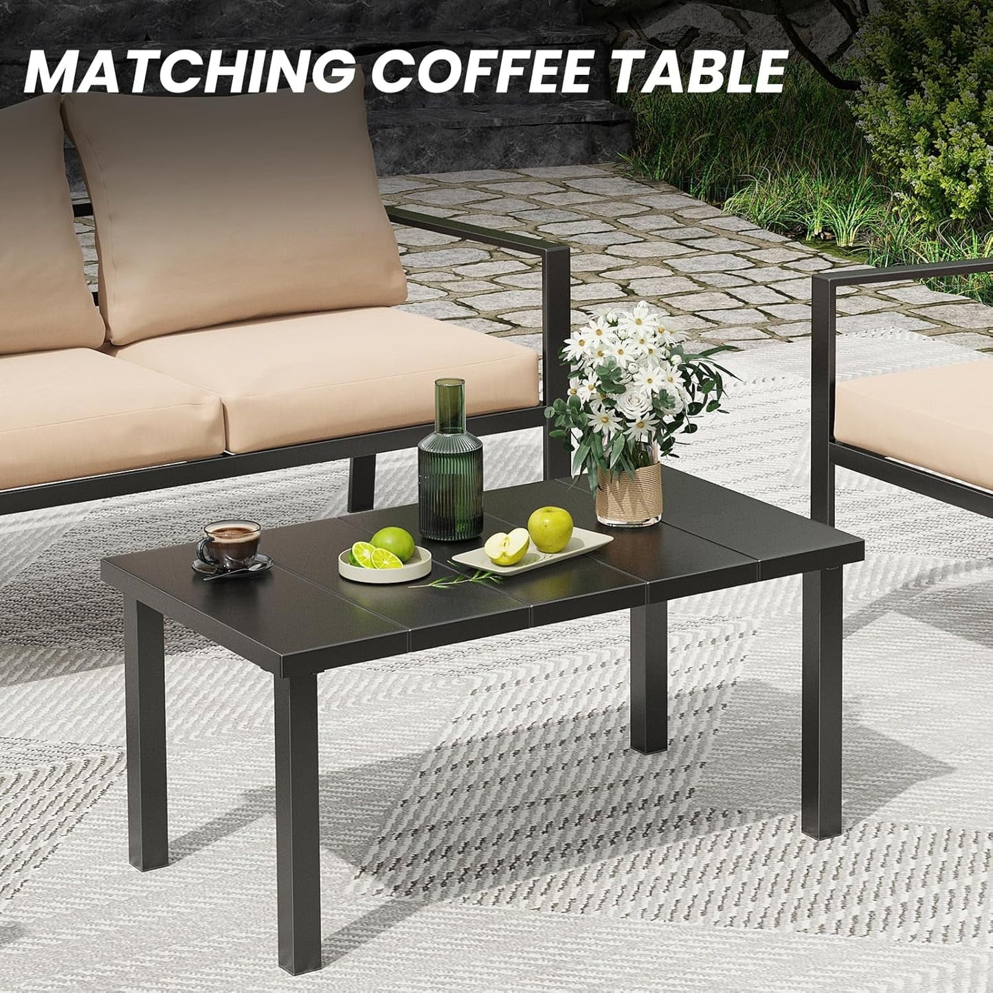 Farini Outdoor conversation sets, Metal Patio Furniture Set with 2 Single Sofas, Loveseat & Coffee Table, for Garden, Backyard, Balcony