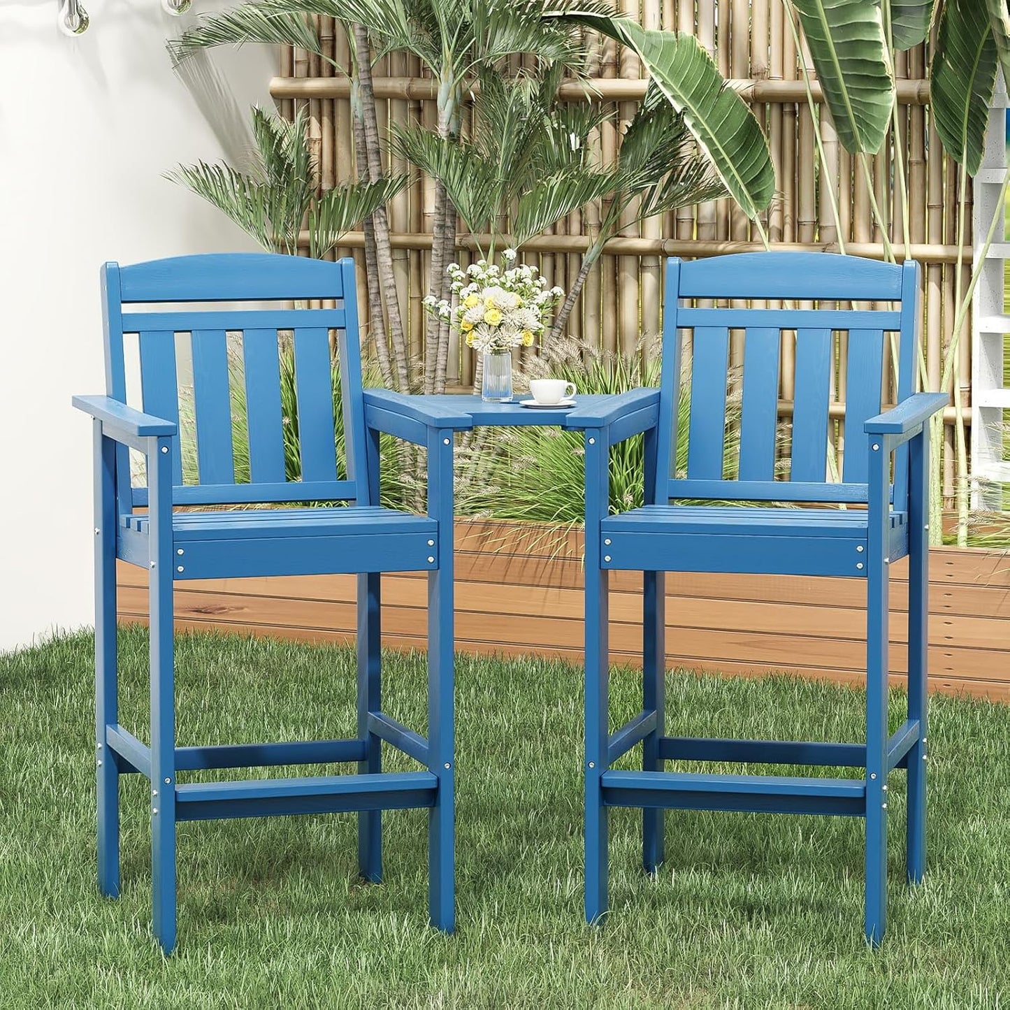 Farini Tall Adirondack Chairs Set of 2, HDPE Adirondack Bar Stools with Connecting Tray, Bar Height Adirondack Chair Patio Barstool, Ideal All Weather Tall Patio Chair for Balcony, Poolside, Backyard