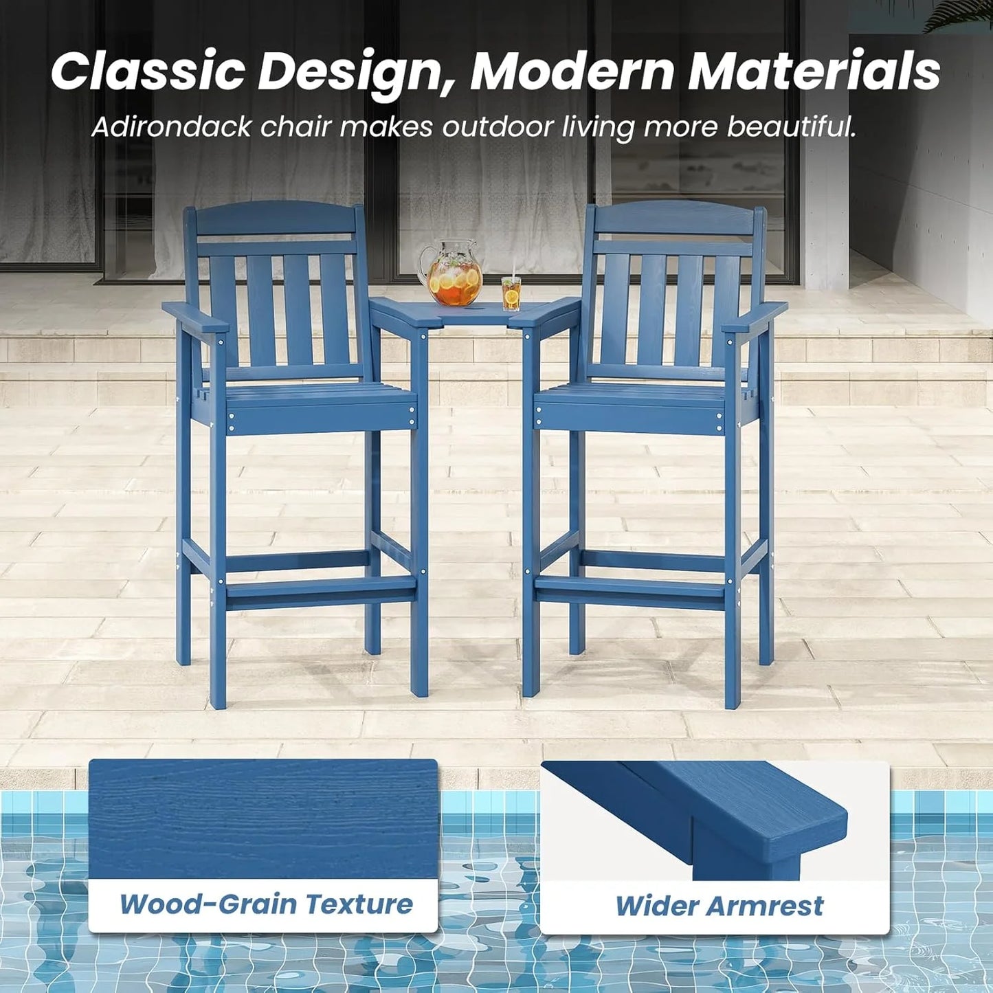 Farini Tall Adirondack Chairs Set of 2, HDPE Adirondack Bar Stools with Connecting Tray, Bar Height Adirondack Chair Patio Barstool, Ideal All Weather Tall Patio Chair for Balcony, Poolside, Backyard