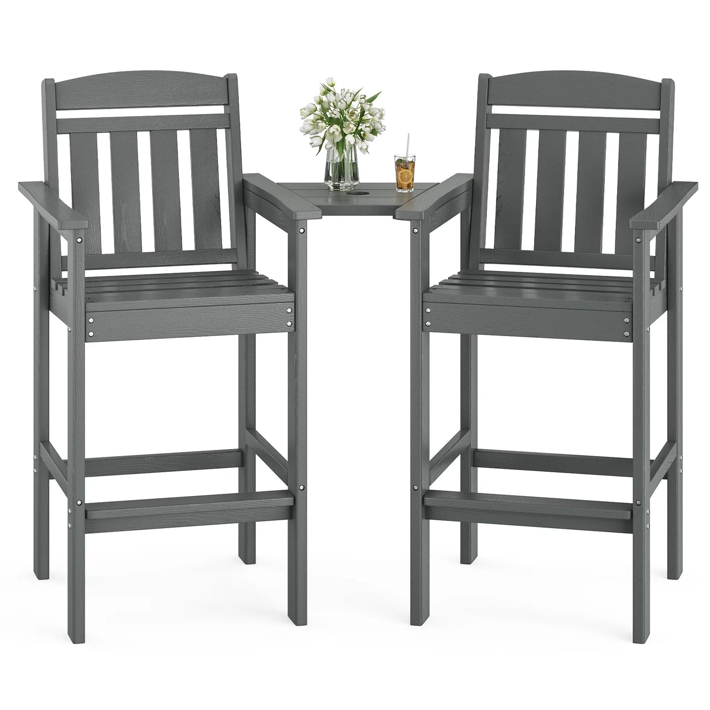 Farini Tall Adirondack Chairs Set of 2, HDPE Adirondack Bar Stools with Connecting Tray, Bar Height Adirondack Chair Patio Barstool, Ideal All Weather Tall Patio Chair for Balcony, Poolside, Backyard