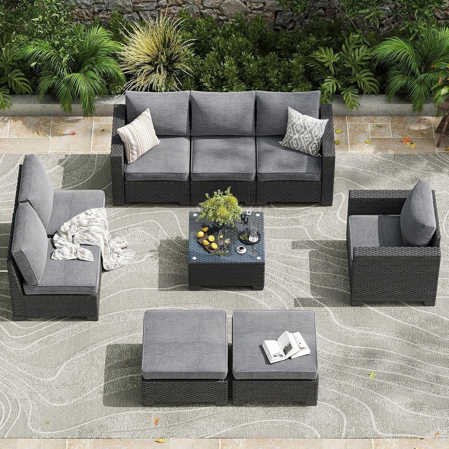 Farini Outdoor Wicker conversation sets, (4,7,9 Pieces) Patio Furniture Sofa Set with Coffee Table, All Weather for Garden, Backyard, Balcony