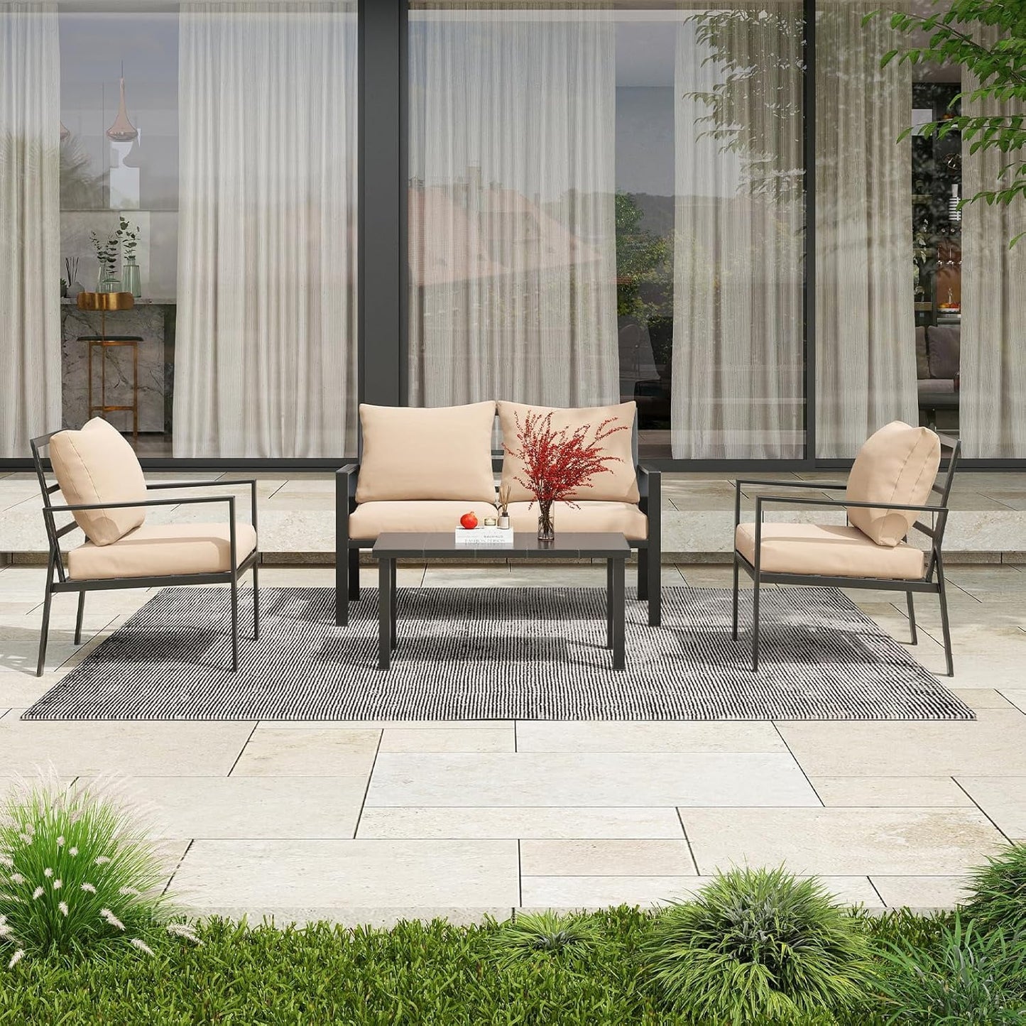Farini Outdoor conversation sets, Metal Patio Furniture Set with 2 Single Sofas, Loveseat & Coffee Table, for Garden, Backyard, Balcony